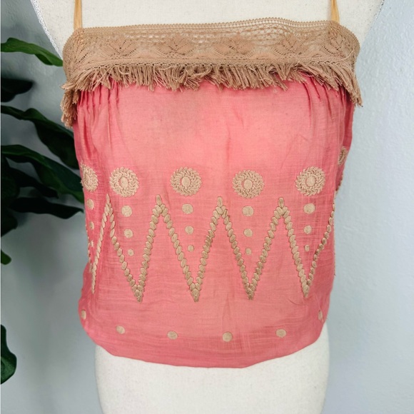 Rebecca Taylor Y2K Coral Pink Silk Blend Crochet Fringe Camo Bubble Crop Top - Picture 2 of 7